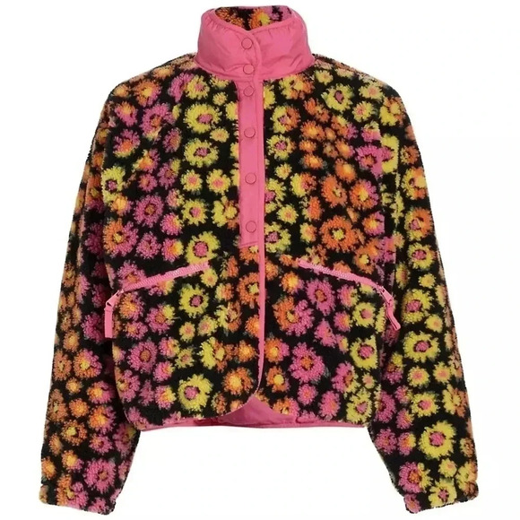 Free People Movement Rocky Ridge Pink Daisy Floral Sherpa Jacket Size Large - Picture 2 of 12